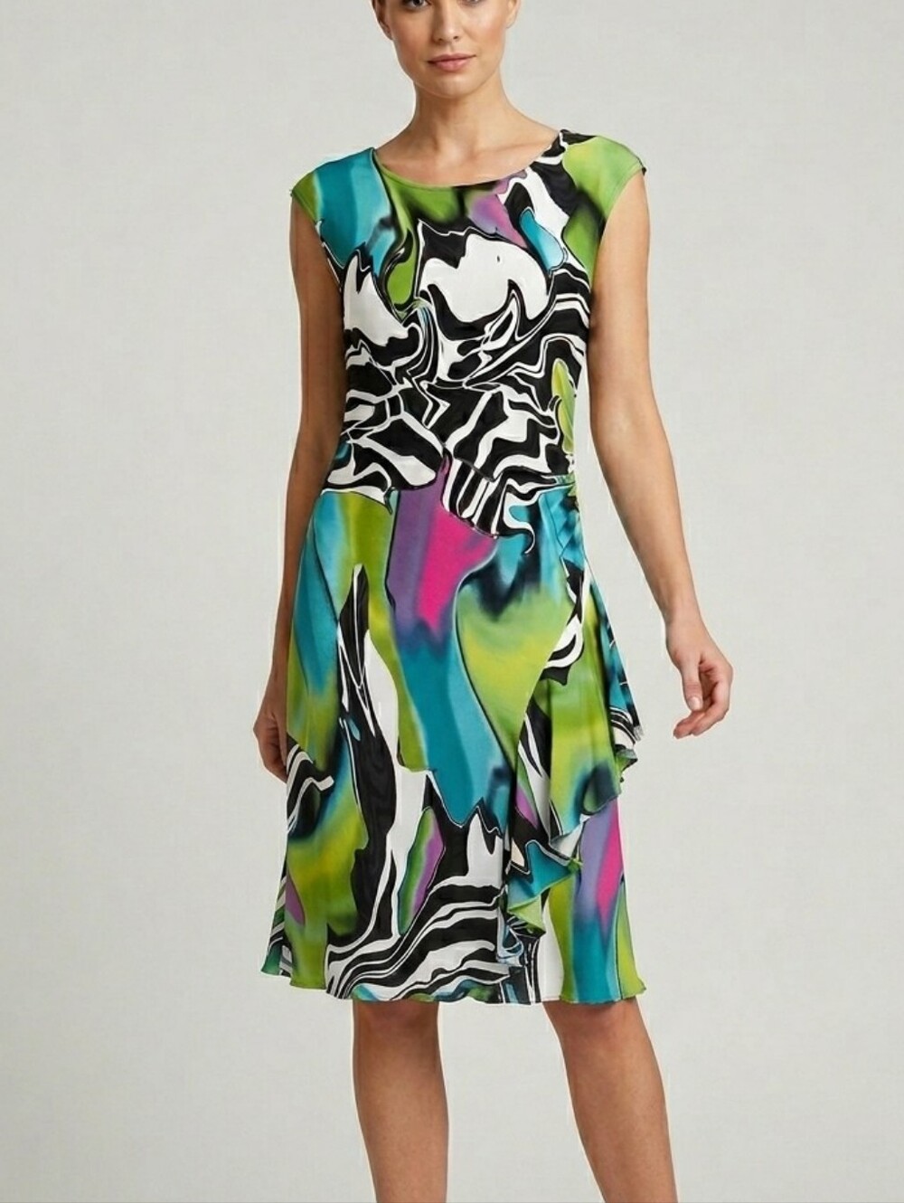 Joseph Ribkoff Sz S Abstract Print Ruched Ruffle Dress Maximalist Wedding Guest